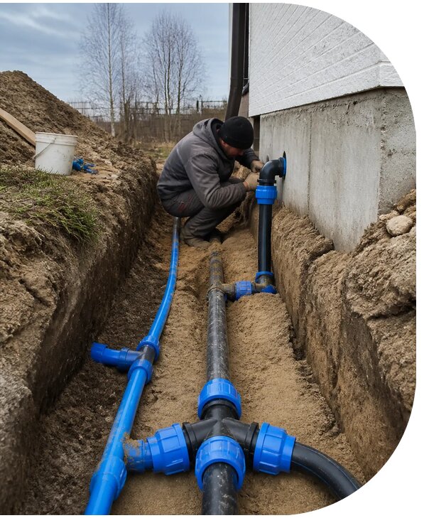 Монтаж наружного водопровода на участке под ключ в Кимовске
